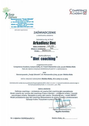 Certyfikat – diet coaching