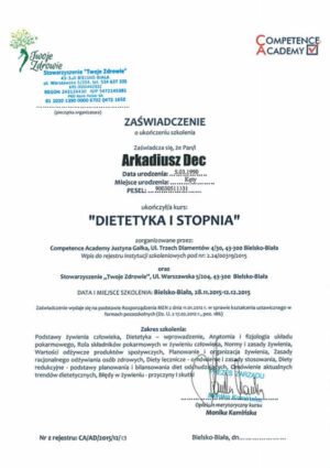 Dyplom – dietetyka I stopnia