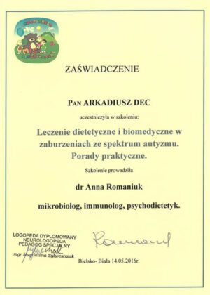 Certyfikat – leczenie dietetyczne i biomedyczne w autyzmie