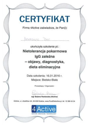 Certyfikat – nietolerancja pokarmowa