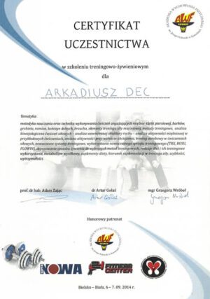Certyfikat – szkolenie treningowo-żywieniowe