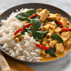 Kurczak curry z ryżem, papryką i szpinakiem