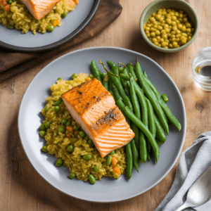 Pieczony łosoś z ryżem curry, gotowaną fasolką i groszkiem