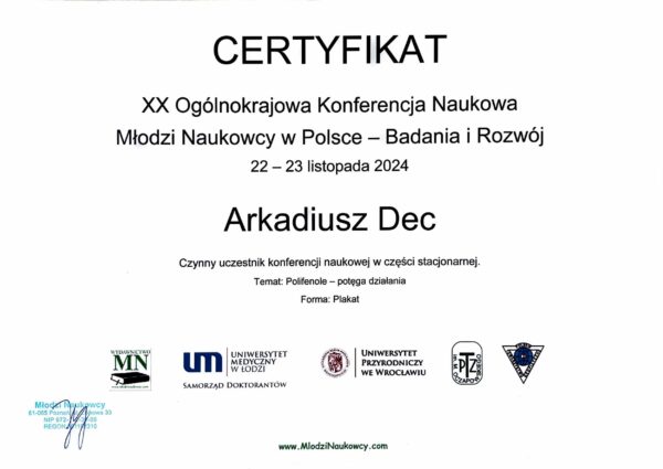 Certyfikat – Młodzi Naukowcy – Polifenole