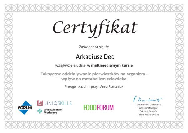 Certyfikat – toksyczne oddziaływanie pierwiastków na organizm